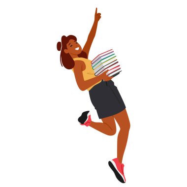 Aktif heyecanlı ergen kız çizgi film karakteri havaya sıçrıyor okula dönmeye teşvik ediyor olumlu duyguları paylaşıyor ve neşeyi ifade ediyor. Enerjik liseli kız izole edilmiş vektör çizimi