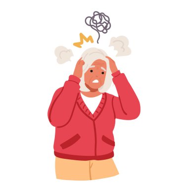 Emekli yaşlı kadın çizgi film karakteri elleri ile kafasına dokunan kafası karışık düşünceler ya da bunama ya da Alzheimer Hastalığı çizimi yüzünden hafıza kaybı yaşayan biri.