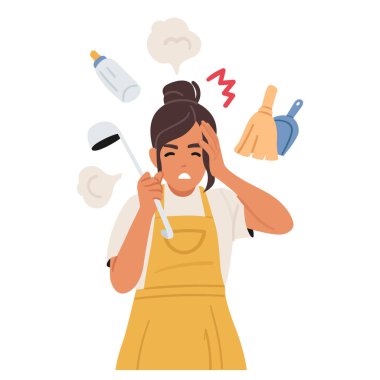 Genç kadın ev kadını çizgi film karakteri panik içinde bağırıyor çoklu görev sorunları yüzünden kaos günlük ev işleri ve annelik rutin çizimleri yüzünden acı çekiyor.