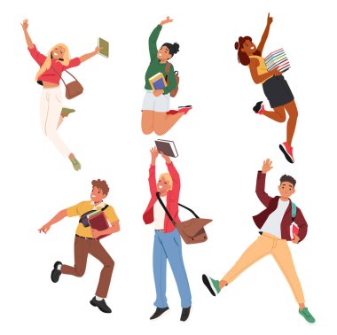 Neşeli öğrenciler çizgi film karakterleri, kaldırılmış el çizimleri ile zıplıyorlar. Gençler gülüyor. Okula dönmeyi kutluyorlar. Aktif çalışma sürecini kutluyorlar.