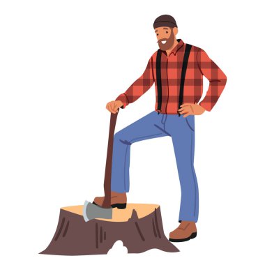 Ağaç kütüğüne baltayla basıp gururla beyaz arka planda duran oduncu çizgi film karakteri. Profesyonel marangoz, mesleğini icra etmekten zevk alıyor.