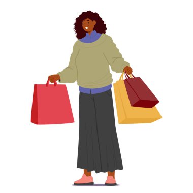 Mutlu Afro-Amerikan kadın alışveriş çizgi film karakteri kağıt torbalarla dolu, beyaz arka planda izole edilmiş perakende mağaza vektör ilüstrasyonunda sonbahar indirimlerinin keyfini çıkarıyor.