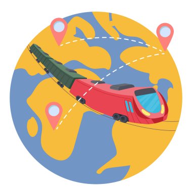 Dünya çapında demiryolu taşımacılığı ve küresel teslimat lojistiği. Çizgi film trenleri dünya gezegeninde lokasyon iğnesiyle geziniyor. Uluslararası şirket, ithalat ürünleri ithalat hizmeti illüstrasyonu sağlıyor