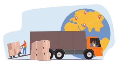 Depo çalışanları kargo kamyonunu yüklerken dünya çapında ulaşım süreci hazırlık çizgi filmine başladılar. Küresel sevkiyat işi ve uluslararası dağıtım vektör illüstrasyonu