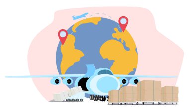 Yığınlanmış karton kutular, uçak ve dünya haritası dünya çapında lojistik servis alanı. Ticari uçak nakliye alanı vektör illüstrasyonunda küresel iş