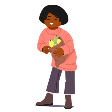 Neşeli Afrikalı Amerikalı kız çizgi film karakteri elinde çuval bezi ile beyaz arka planda izole edilmiş taze olgun armut meyveleri tutuyor. Meyve bahçesi hasadı vektör illüstrasyonu topluyor