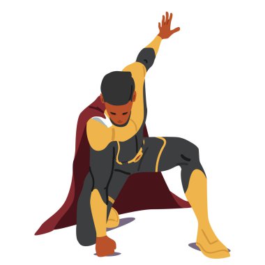 Adam süper kahraman çizgi film karakteri beyaz arka planda izole edilmiş güç ve yumruk sahası sergiliyor. Maskeli erkek kahraman savunmacı Dünya Koruyucusu kostüm ve pelerin vektör çizimi giyiyor.