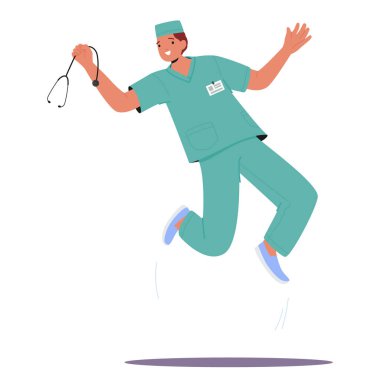 Üniformalı, steteskoplu, mutlu, şaşkın, tıbbi çalışanlar çizgi film karakteri havada zıplıyor. Comic doctor heyecan vektörü çizimi sergiliyor