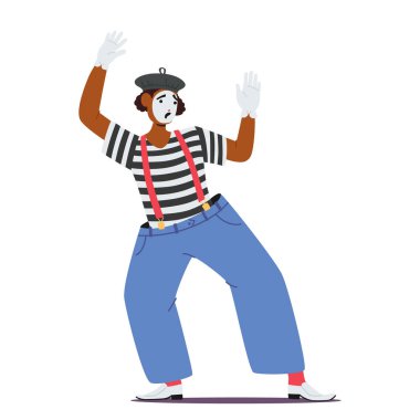 Siyah-beyaz çizgili kazak giyen sevimli pandomimci aktör caddede gösteri yaparken korkmuş duyguyu oynuyor. Beyaz arkaplanda izole edilmiş komik erkek kişilik vektör çizimi