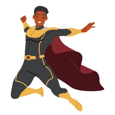 Cesur kılık değiştirmiş süper kahraman çizgi film karakteri beyaz arka planda tek başına zıplıyor. Erkek kahraman, ezici darbe vektör illüstrasyonunu sunmak için sallanıyor. Kahraman güçlü savaşçı portresi