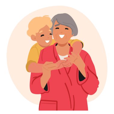 Küçük anaokulu torunu sevgi dolu büyükannesini kucaklıyor ve onu büyükannesi ve büyükbabası çizgi film sahnesiyle tebrik ediyor. Yaşlı büyükanne ve torun vektör illüstrasyonu arasındaki sevgi, ilgi ve bağ