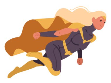 Beyaz arka planda izole bir şekilde havada uçuşan pelerinli güçlü kadın süper kahraman çizgi film karakteri. Uçuş vektörü illüstrasyonundaki çekici genç bayan kahraman. Güzel fantastik kadın