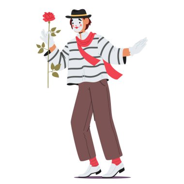 Romantik pandomimci Fransız aktör çizgi film karakteri gül çiçeğine hayranlık ve aşk duygusunu beyaz arka planda paylaşıyor. Şirin, dışavurumcu adam komedyen sokak eğlencesi illüstrasyonu