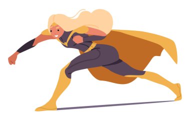 Güçlü cesur kadın süper kahraman çizgi film karakteri sarı pelerinli aksiyon dövüşünde poz verir cesaret ve güç hisseder beyaz arka planda izole edilmiş vektör çizimlerinde.