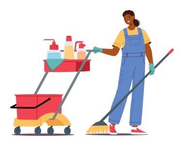Temizlikçi, profesyonel çizgi film karakteri üniforma giyen, deterjanı dolu olan ve beyaz arka planda izole edilmiş paspas temizlik malzemesi çizimi yapan genç bir kadın.