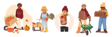 Sepette eko tarım ürünleri taşıyan sevimli çocuk çizgi film karakterleri ve el arabası izole seti. Sağlıklı gıda üretimi, doğal organik sebzeler ve sonbahar hasat vektör ilüstrasyonu