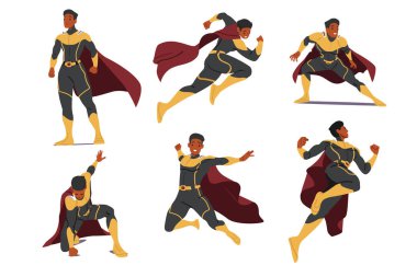 Güçlü adam süper kahraman çizgi film kahramanı kahraman ayakta, zıplıyor, uçuyor, beyaz arka planda izole edilmiş bir şekilde savaşıyor. Komik cesur erkek süper kahraman kostüm ve kırmızı pelerin vektör çizimi giyiyor.