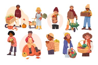 Tatlı, mutlu çocuk çizgi film karakterleri sepet dolu sebzeler ve meyveli sonbahar hasadı beyaza boyanmış. Küçük erkek ve kız çiftçiler ve bahçıvanlar ellerinde taze besin vektörü çizimleri tutuyorlar.