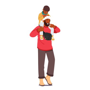 Mutlu baba, Noel Baba şapkası takıyor, oğlunu omuzlarında taşıyor, beyaz arka planda izole edilmiş Noel aktivitelerinin keyfini çıkarıyor. Ebeveyn ve çocuk kış tatillerini vektör illüstrasyonunda geçiriyorlar