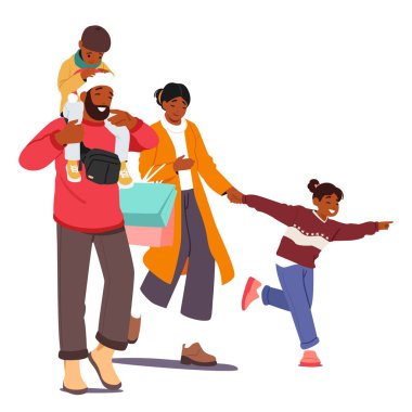 Kağıttan alışveriş torbalarıyla mutlu bir aile Noel alışverişinin tadını çıkarıyor beyaz arka planda birlikte yürüyorlar. Ebeveynler ve çocuklar kış tatili vektör çizimine hazırlanıyorlar