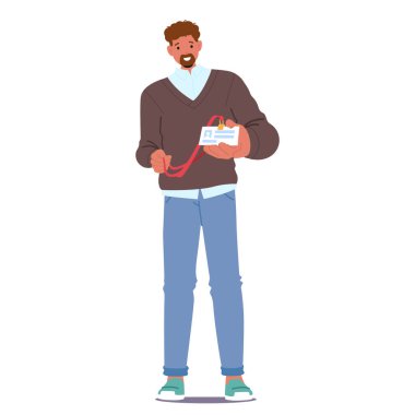 Güvenlik kontrolü için kimlik kartı gösteren erkek çizgi film karakteri, ortaklık kimliği ya da konferans giriş kontrolü beyazı izole edilmiş. Kişisel doğrulama ve temsil vektörü illüstrasyonu