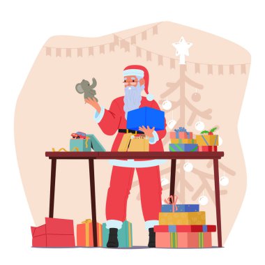 Noel Baba geleneksel kırmızı takım elbise giyip Noel tatiline hazırlanan çocuklar için hediyeler paketliyor. Peri masalı karakteri hediyeler için çocukları ziyaret etmeye hazır.