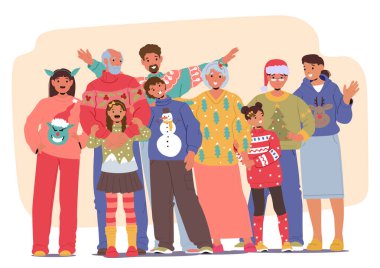 Büyük aile üyeleri sıcak Noel kazakları giyip Noel ruhu çizimleri sergiliyorlar. Büyük ebeveynler, aileler, çocuklar ve torunlar kış tatilini kutluyorlar.