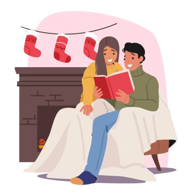 Mutlu sevgi dolu genç çift Noel arifesinde çizgi film sahnesinde kitap okumaktan zevk alıyor. Yanında şöminesi olan erkek kadın Xmas çorapları vektör illüstrasyonuyla süslenmiş.