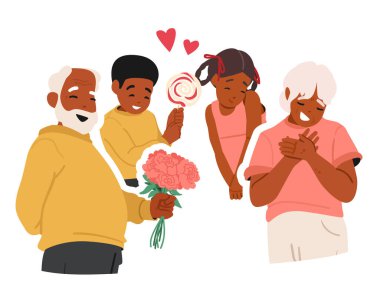 Şirin kıdemli adam ve yaşlı kadın utangaç küçük çocuk çizgi filmlerine aşık oluyorlar. Romantik randevu vektör illüstrasyonunda olgun bir çift. Yetişkinlerin küçük çocuklar gibi psiko-duygusal durumları