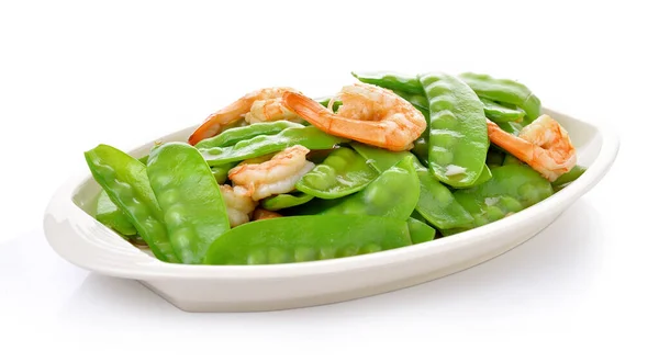 Fed Shrimp Snow Peas Foods Dish High Protien White Backgroup — стокове фото