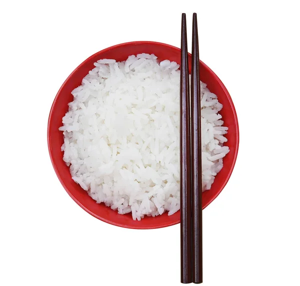 Rýže Červené Keramické Míse Bílém Pozadí Horní Pohled — Stock fotografie