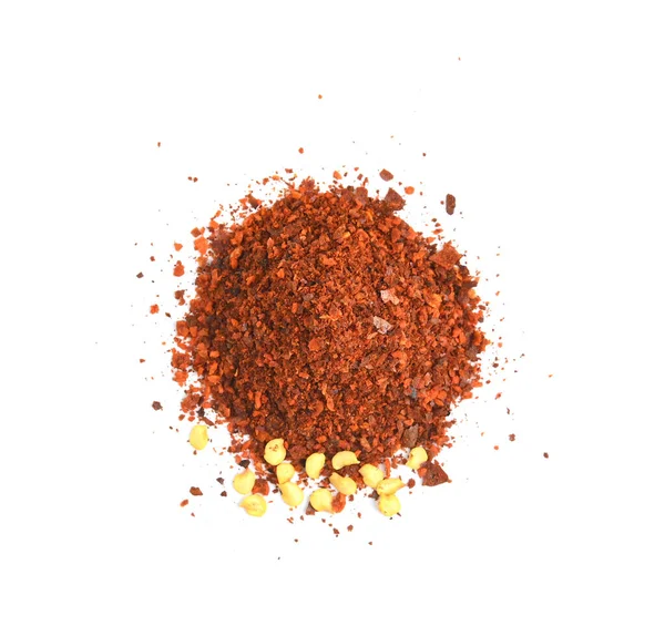 干红辣椒片和种子在白色背景下分离 顶部视图 — 图库照片