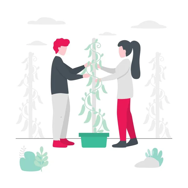 Mladý Pár Zalévání Rostlin Konvicí Zavlažování Zahradě — Stockový vektor