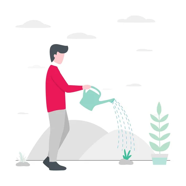 ポットの中の植物の水を飲んでいる男 ガーデニングワーク ウォータープラント ガーデニング — ストックベクタ