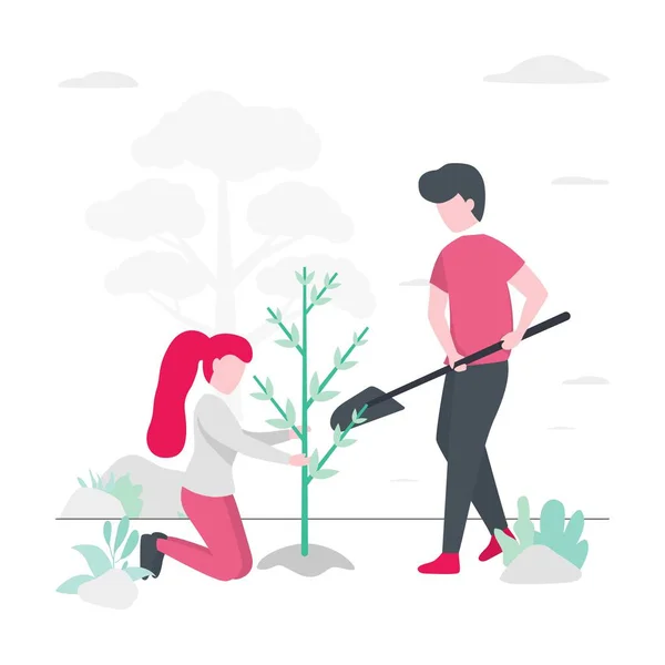 ショベルベクターイラスト付き庭師植樹ツリー — ストックベクタ