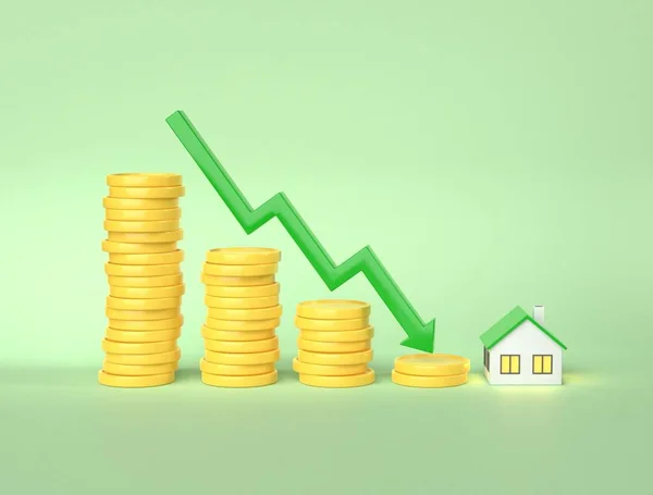Reducing real estate mortgage rates - concept. Green down arrow, yellow coins and a house. Positive trends in the real estate market. Falling credit price chart. 3D rendering.