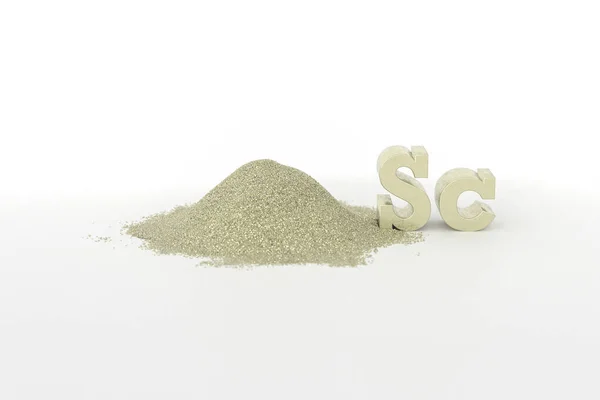 REE - rare-earth element Scandium. A handful of light golden metallic powder and the chemical symbol Sc on a white background. Scandium - rare earth metal.