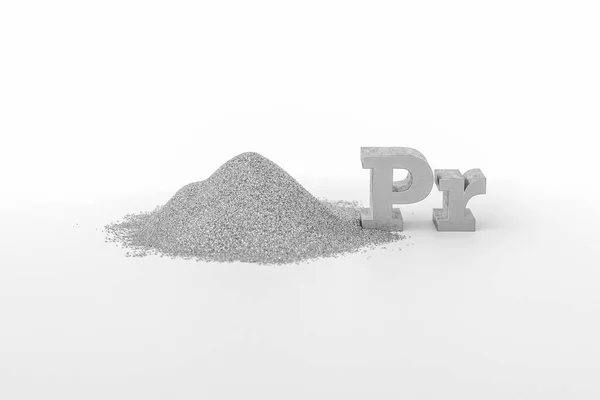 REE - rare-earth element Praseodymium. A handful of silvery-white metallic powder and the chemical symbol Pr on a white background. Praseodymium is a rare earth metal.