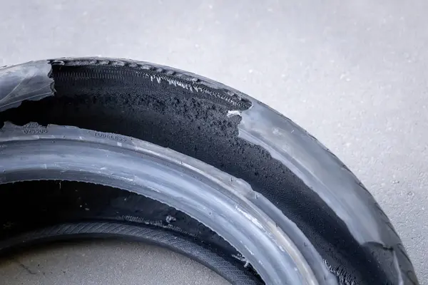 Close-up of an old torn rubber car tire. The result of an explosion or damage to a car tire. Torn tire.