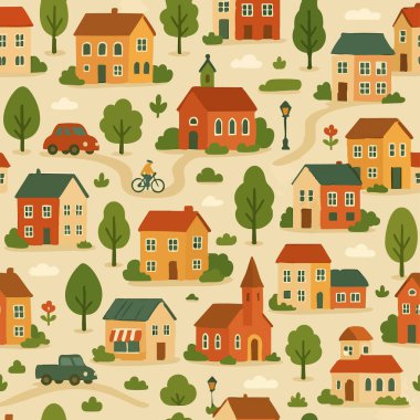 Village Town Community Print Design in Vector. Vektör illüstrasyonu
