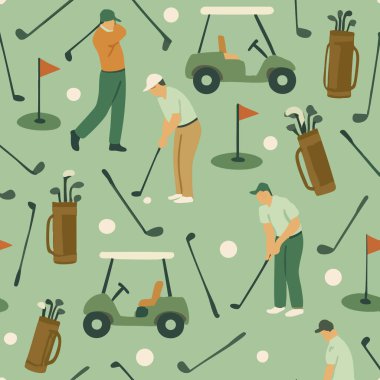 Değişik golfçülerin ve golf arabalarının oluşturduğu pürüzsüz, yinelenen bir şablon canlandırma hissi uyandıran canlı yeşil bir arka plan.