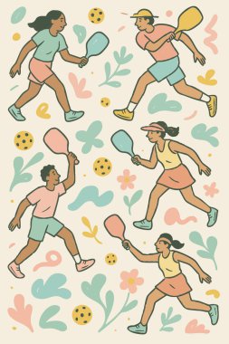 Canlı bir grup insan heyecan verici bir tenis oyununda raketlerini ve toplarını birbirleriyle yarışmak için kullanıyorlar.