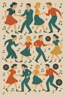 Canlı bir grup insan, arka planda çalan canlı müzik notalarıyla birlikte güzel bir şablon içinde neşeyle dans ediyor.