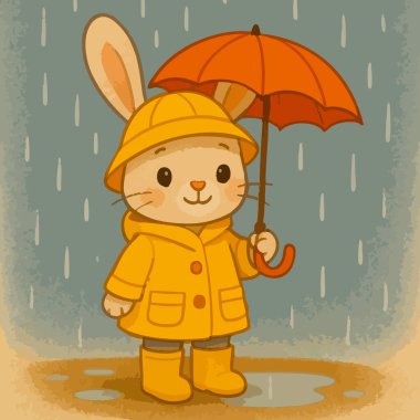 Hoş bir sahnede, parlak sarı yağmurluk giymiş, uyumlu botlarla eşleştirilmiş şirin bir tavşan yağmurda ıslanırken elinde turuncu bir şemsiye tutuyor.