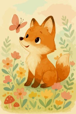 Şirin Tilki ve Kelebek Baskı Tasarımı Vektör 'de. Vektör illüstrasyonu