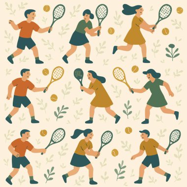 Tenis oynayan, raket ve topları ustalıkla kullanan çeşitli bireyleri içeren görsel olarak ilgi çekici bir model.