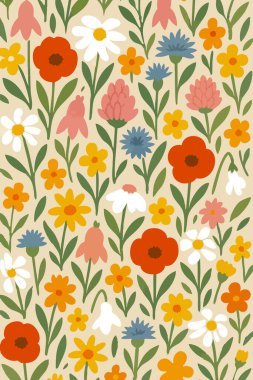 Yumuşak bir bej arka plana kurulmuş canlı, renkli çiçekler ve gür yapraklarla dolu güzel, pürüzsüz bir desen estetik bir cazibe yaratıyor.