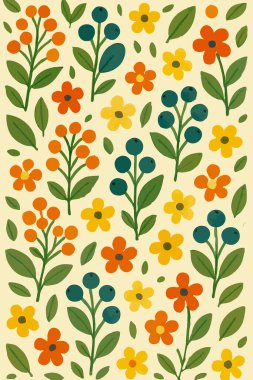 Bu tasarım, parlak, renkli çiçeklerin ve yemyeşil yaprakların çarpıcı bir desenini içeriyor, temiz beyaz bir arkaplanda kurulmuş, güzel bir görsel efekt yaratıyor.