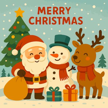 Mutlu Noeller Noel Baba Kardan Adam Ren Geyiği Yazı Tasarımı Vektör. Vektör illüstrasyonu