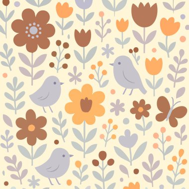 Güzel ve pürüzsüz bir desen. Güzel çiçekler ve renkli kuşlar. Sıcak bej bir arkaplan üzerine kurulmuş ve ahenk yaratıyor.